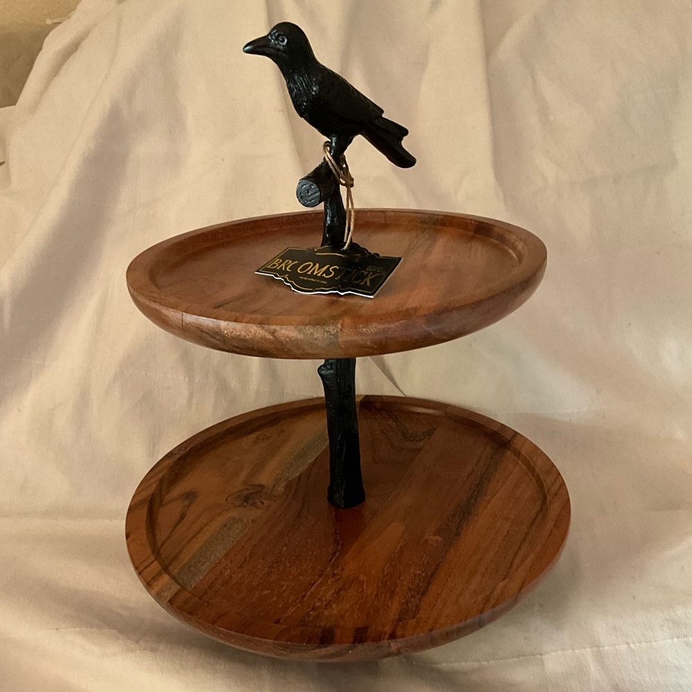 Wooden Tiered Tray with Metal Crow